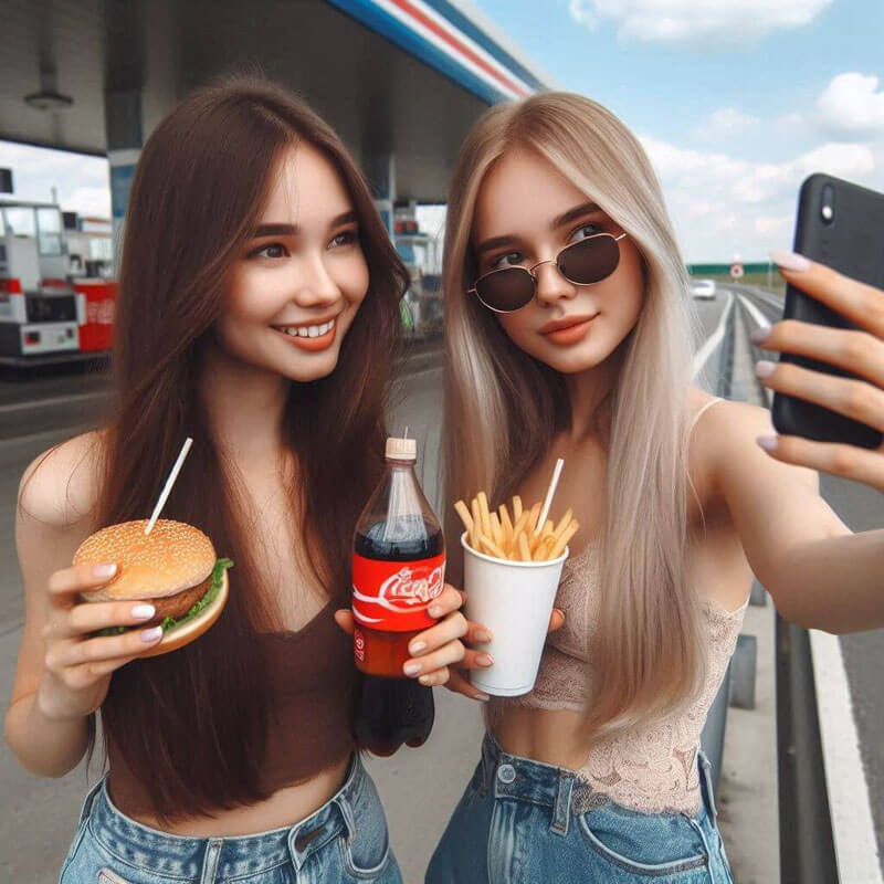 고속도로 휴게소에서 20대 여성 두명이 콜라와 햄버거를 먹으면서 사진을 찍고 있는 모습